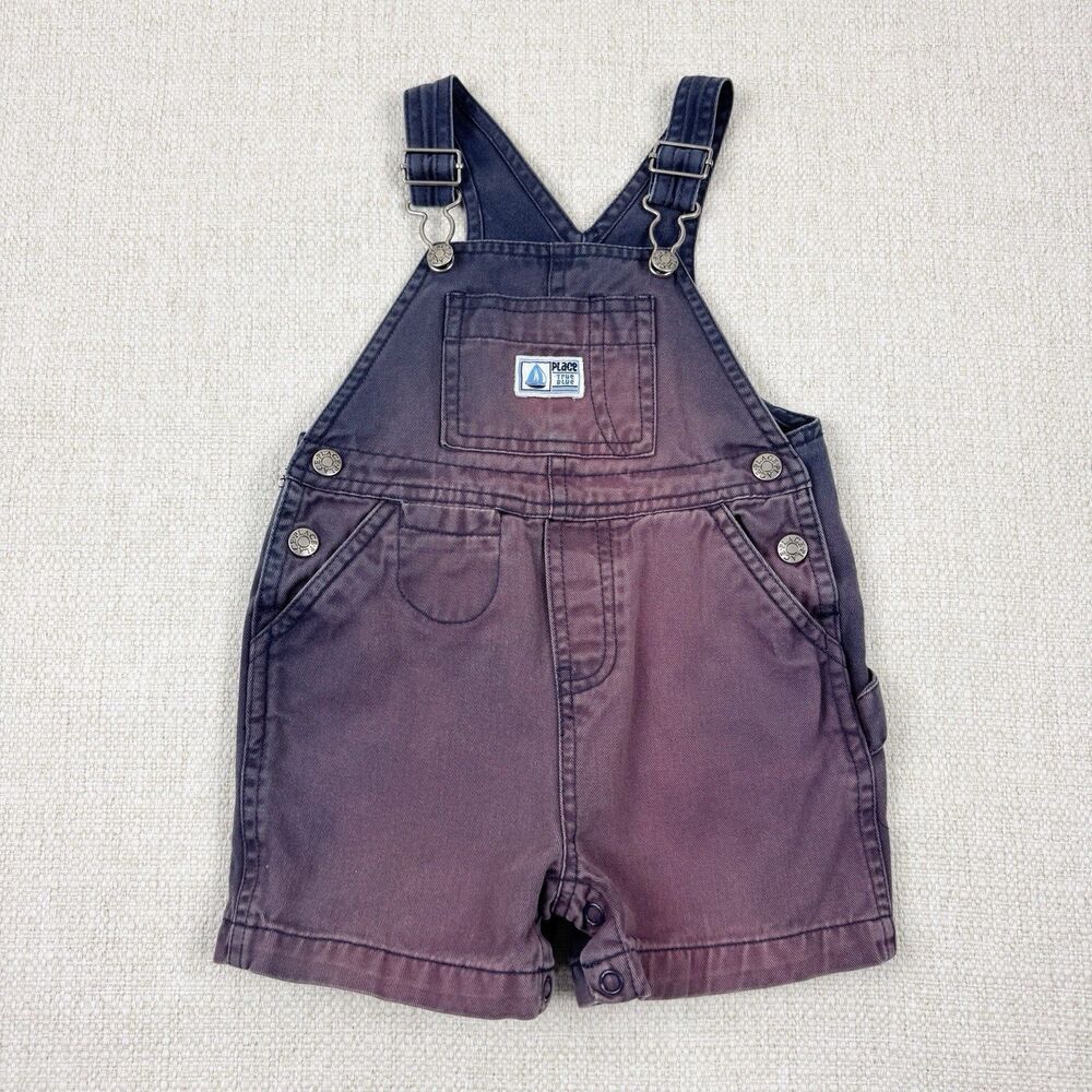 The Children's Place Denim Shorts Overalls Boys 12 MOS Dark Wash Faded Vintage